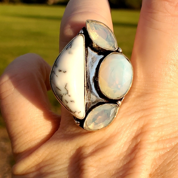 New Dendritic Opal and Milky Fire Opal 925 Silver Ring. - Picture 14 of 16